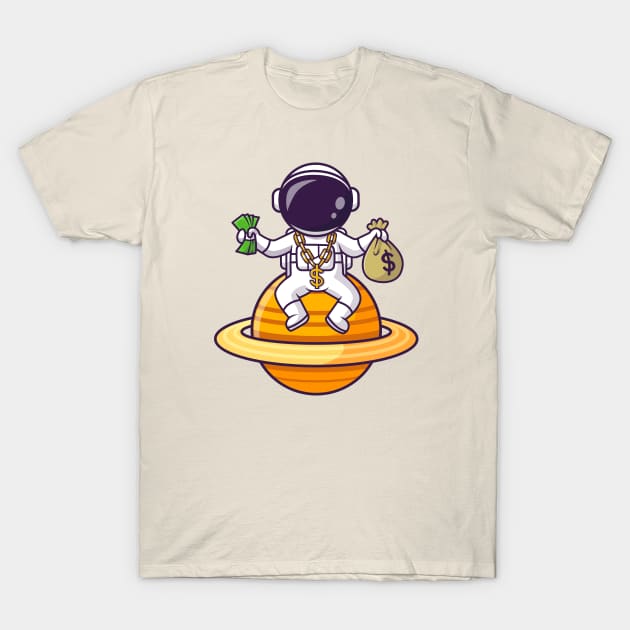 Cute Rich Astronaut On Planet With Money Cartoon T-Shirt by Catalyst Labs